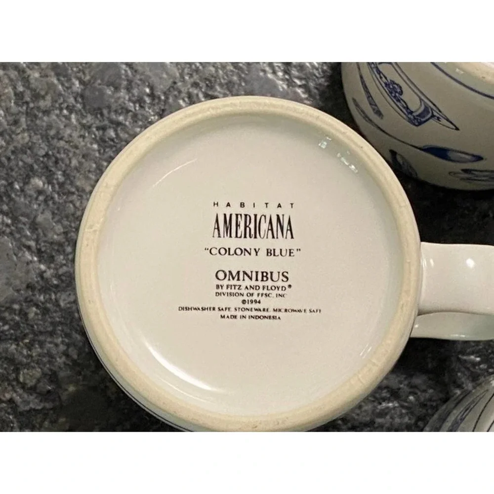 Set of 4 Fitz & Floyd‎ Omnibus Habitat Americana Colony Blue Mugs